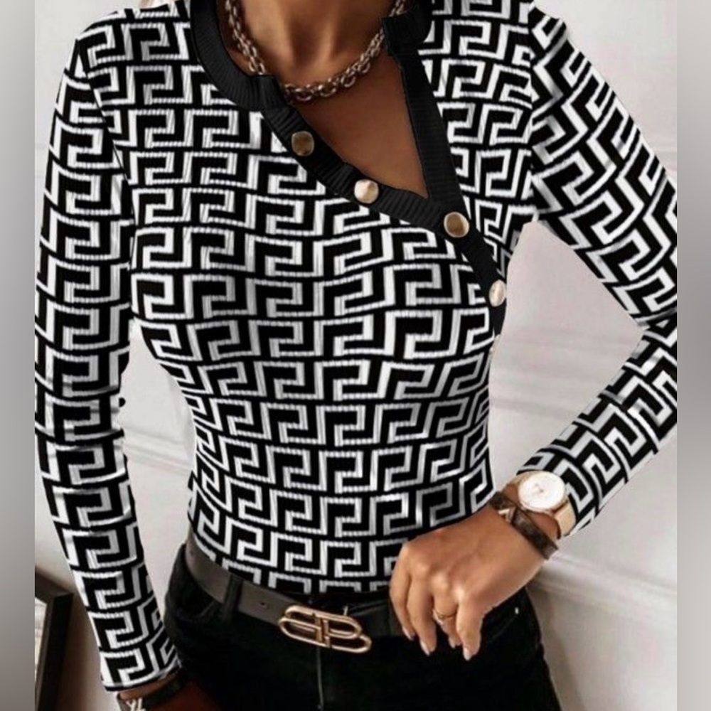 Geometric Black and White Women's Blouse with Gold Button accent.